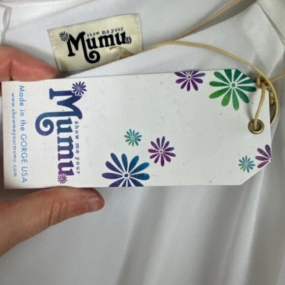 NWT Show Me Your Mumu White Dress Mini Short Sleeve Off Shoulder Tie Waist Boho - Picture 3 of 9